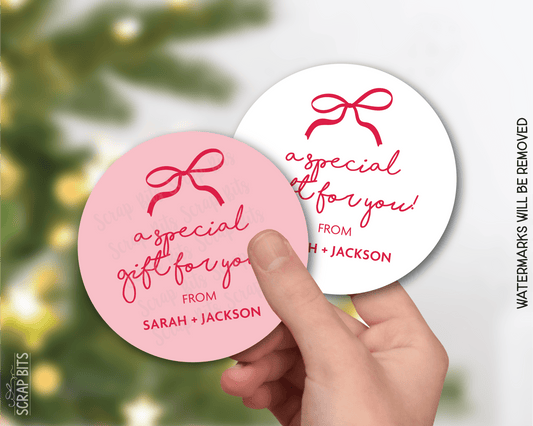 Coquette Bow Special Gift, Pink & White, Personalized Christmas Gift Label Set - Scrap Bits