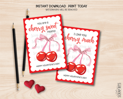 Coquette Cherries Valentines, Cherry Sweet Friend, Printable Classroom Exchange Cards, Instant Download - Scrap Bits