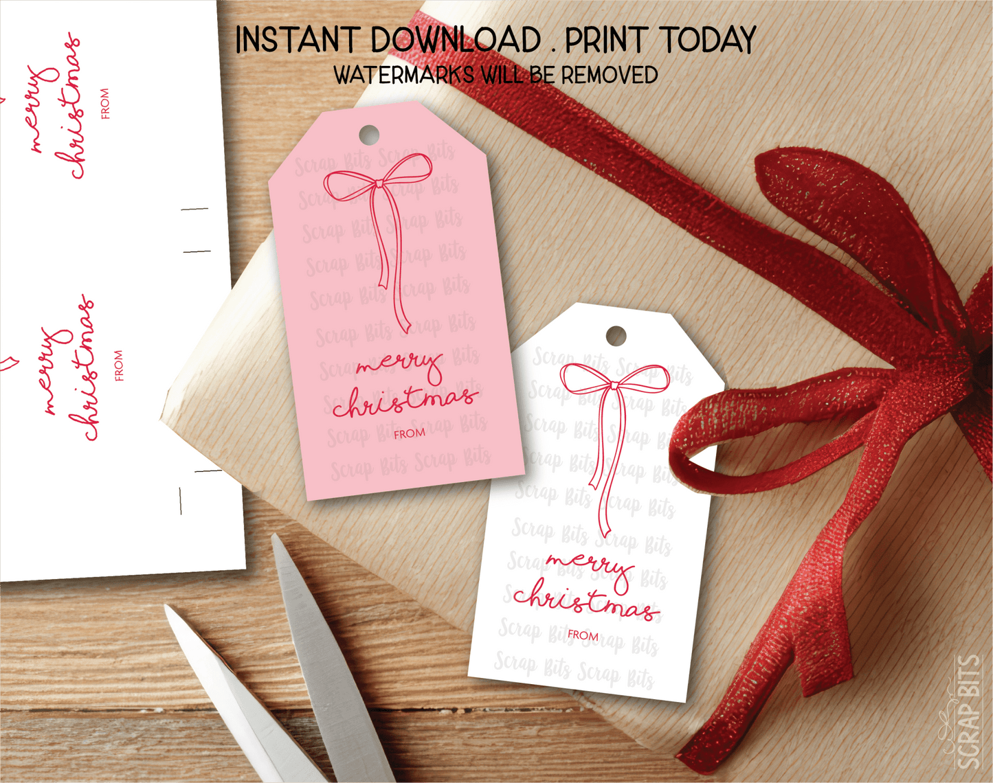 Coquette Doodle Bow, Pink & White Printable Christmas Gift Tags, Instant Download - Scrap Bits