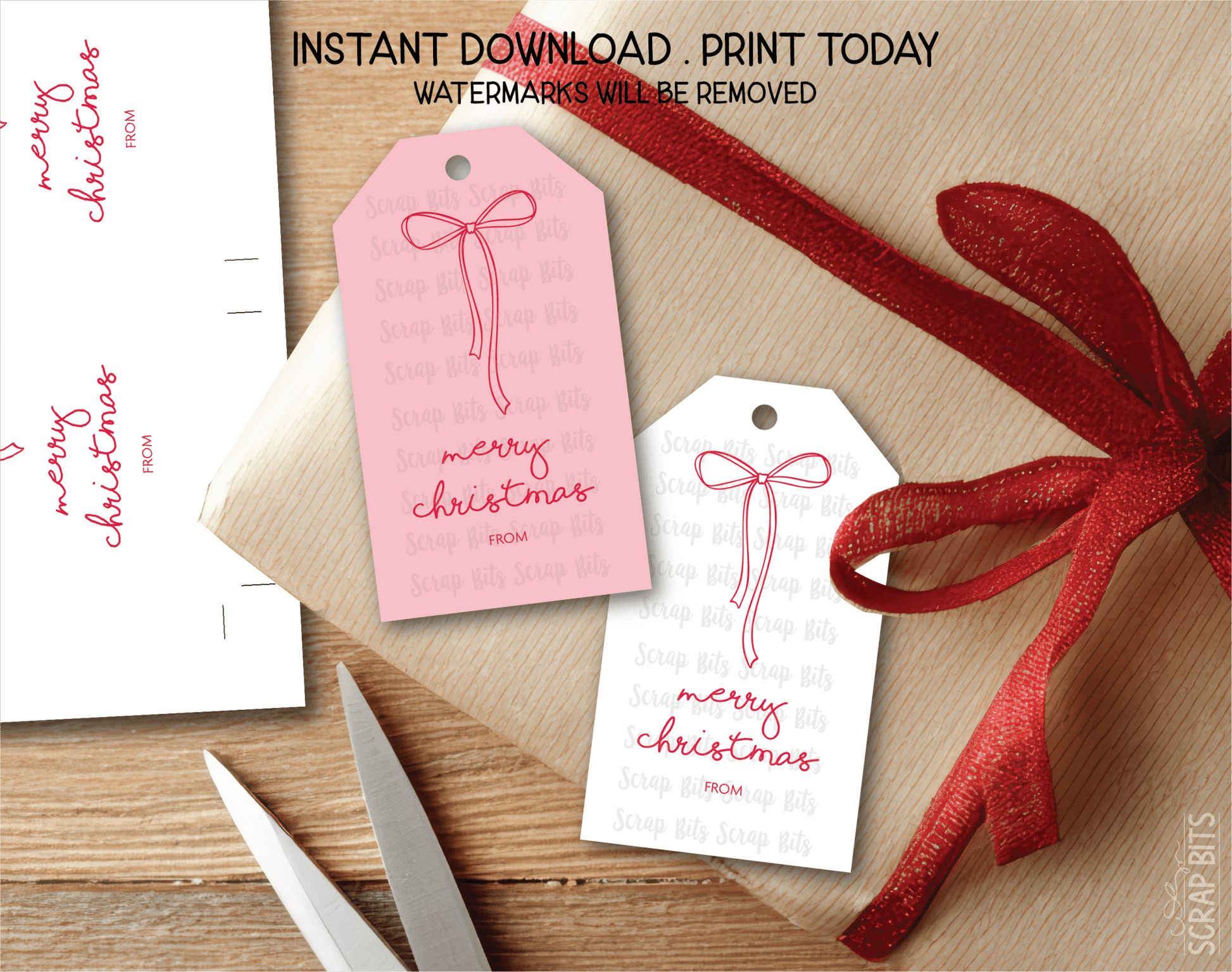 Coquette Doodle Bow, Pink & White Printable Christmas Gift Tags, Instant Download - Scrap Bits