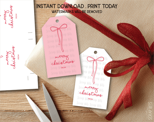 Coquette Doodle Bow, Pink & White Printable Christmas Gift Tags, Instant Download - Scrap Bits