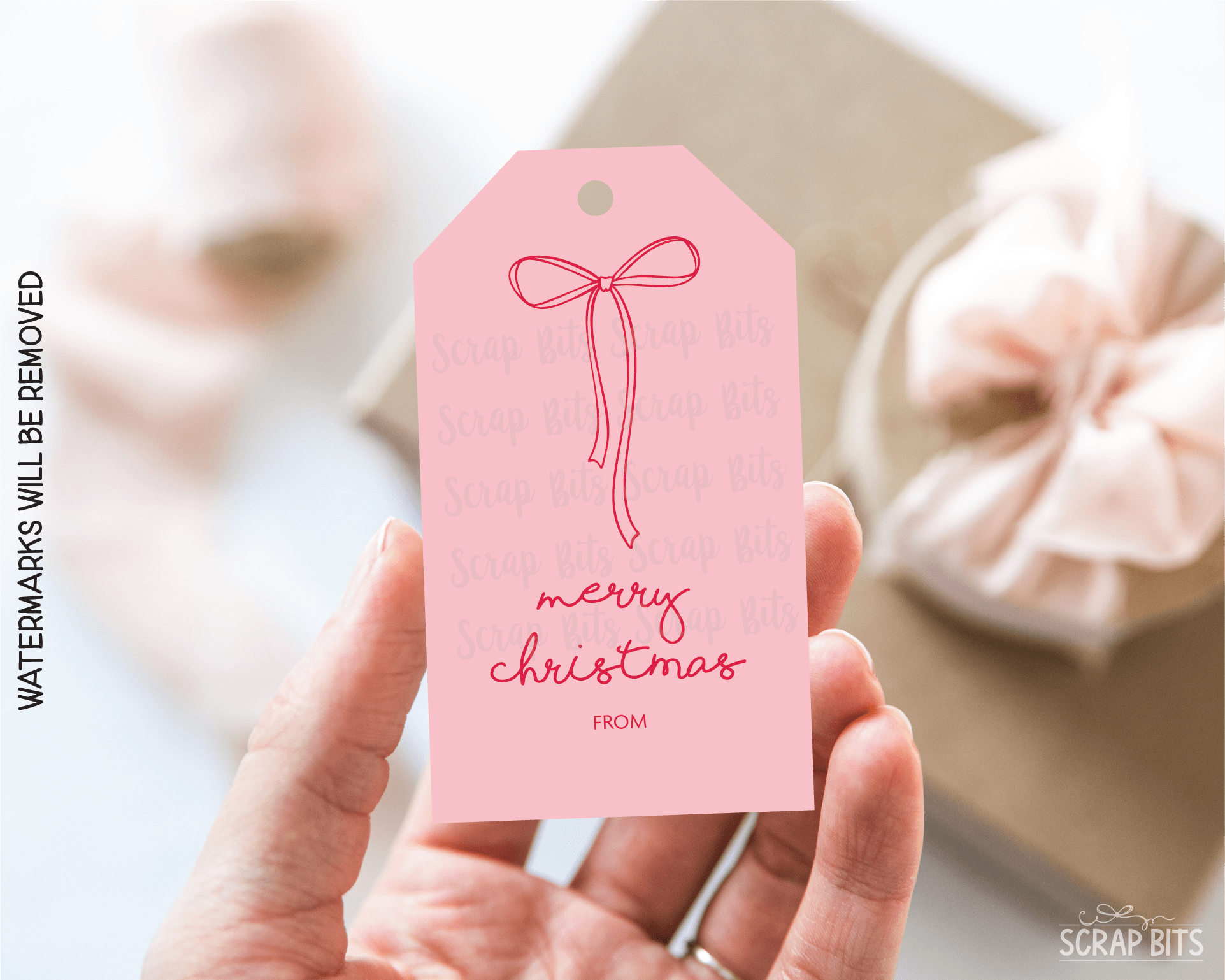 Coquette Doodle Bow, Pink & White Printable Christmas Gift Tags, Instant Download - Scrap Bits