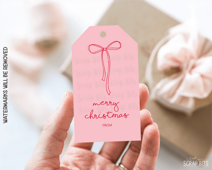 Coquette Doodle Bow, Pink & White Printable Christmas Gift Tags, Instant Download - Scrap Bits