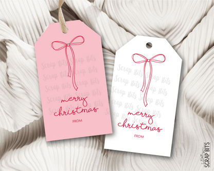 Coquette Doodle Bow, Pink & White Printable Christmas Gift Tags, Instant Download - Scrap Bits