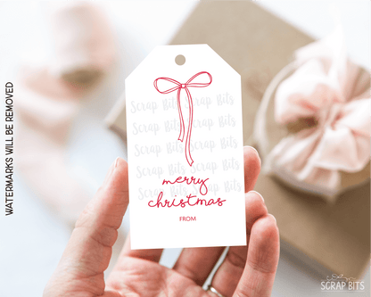 Coquette Doodle Bow, Pink & White Printable Christmas Gift Tags, Instant Download - Scrap Bits