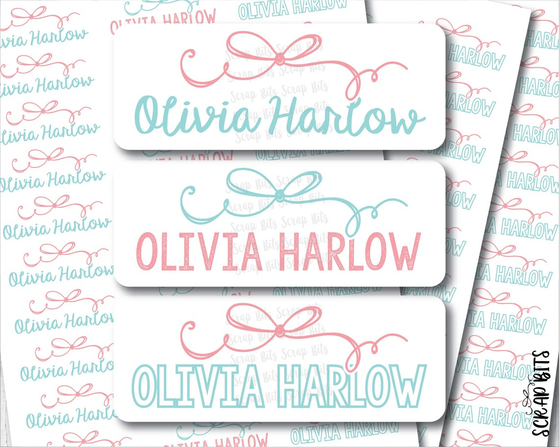 Coquette Signature Doodle Bow Name Labels . Personalized Belonging Labels - Scrap Bits