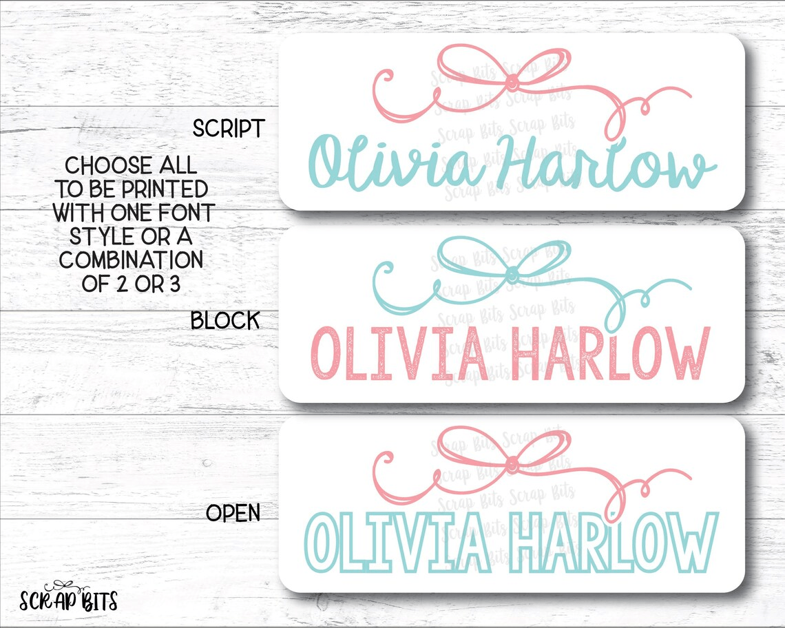 Coquette Signature Doodle Bow Name Labels . Personalized Belonging Labels - Scrap Bits