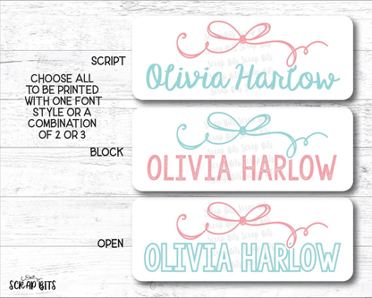 Coquette Signature Doodle Bow Name Labels . Personalized Belonging Labels - Scrap Bits