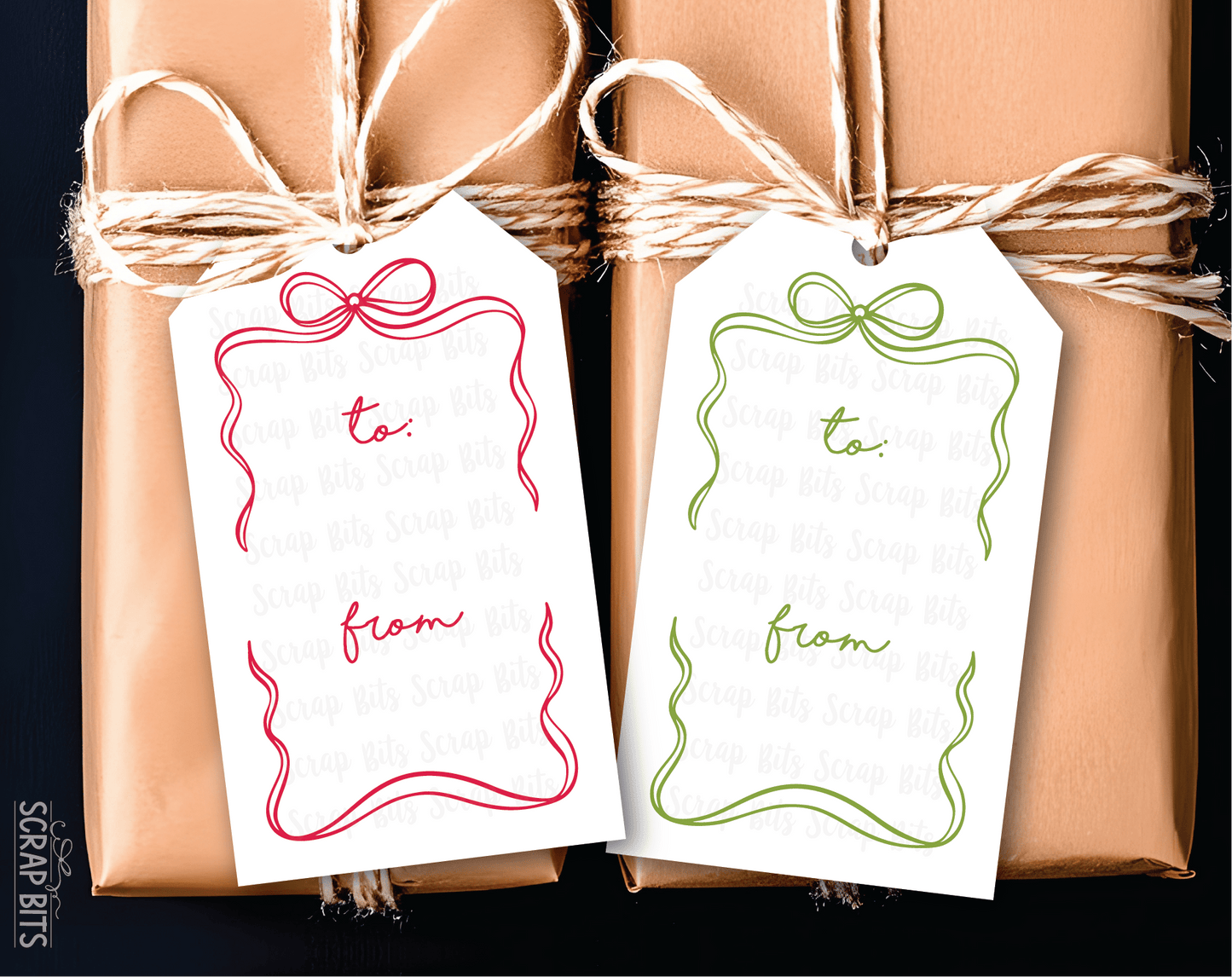 Coquette Wiggle Bow Frame, Pink & Green, To From Christmas Gift Tag Set - Scrap Bits