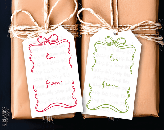 Coquette Wiggle Bow Frame, Pink & Green, To From Christmas Gift Tag Set - Scrap Bits