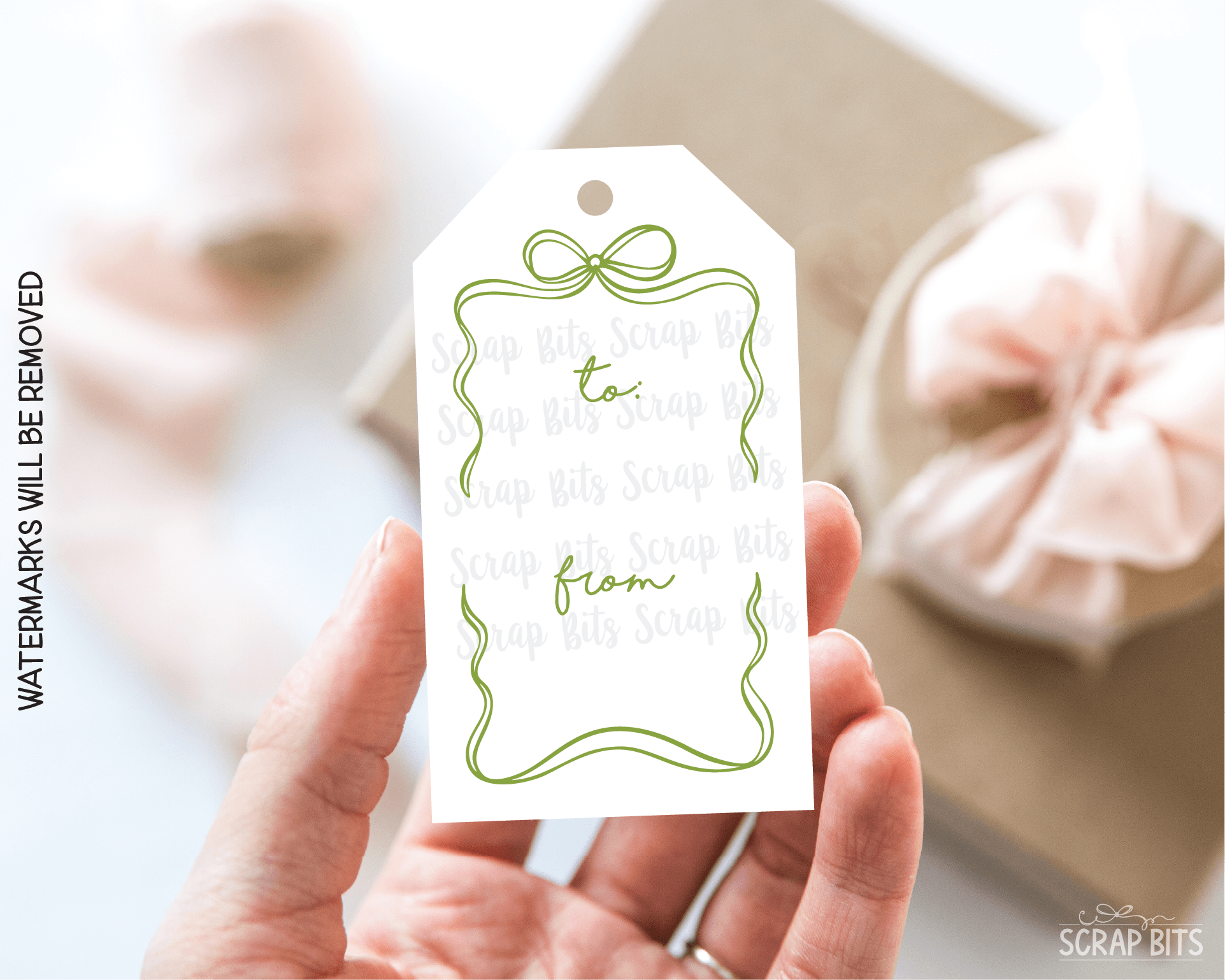 Coquette Wiggle Bow Frame, Pink & Green, To From Christmas Gift Tag Set - Scrap Bits