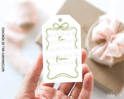 Coquette Wiggle Bow Frame, Pink & Green, To From Christmas Gift Tag Set - Scrap Bits