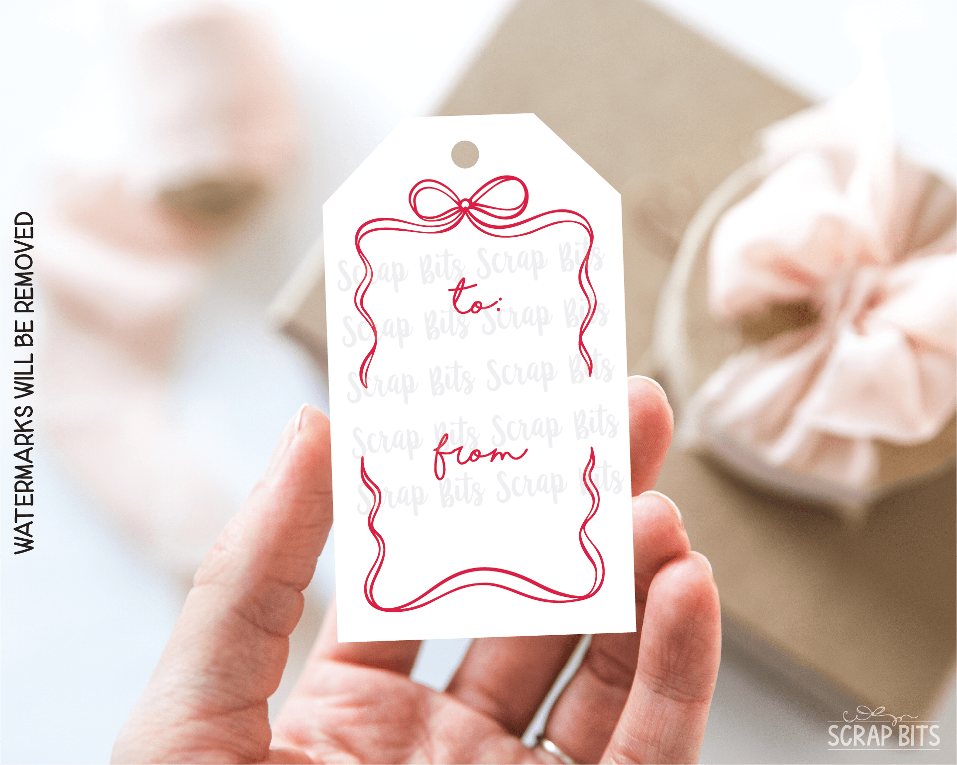 Coquette Wiggle Bow Frame, Pink & Green, To From Christmas Gift Tag Set - Scrap Bits