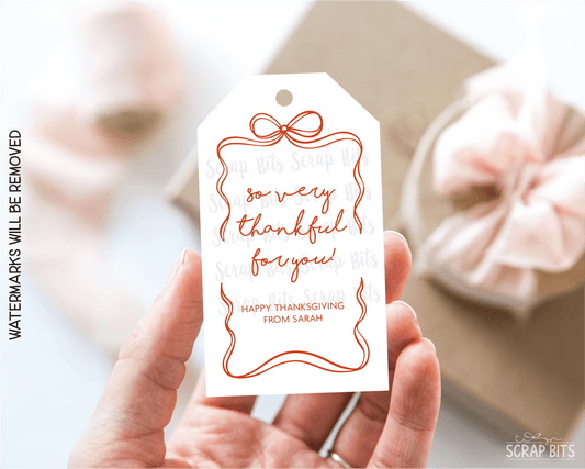 Coquette Wiggle Bow Frame Thankful For You, Personalized Thanksgiving Gift Tags - Scrap Bits
