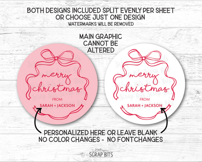 Coquette Wiggle Bow Merry Christmas, Pink & White, Personalized Christmas Gift Label Set - Scrap Bits