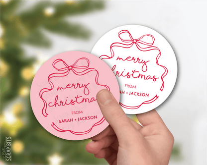 Coquette Wiggle Bow Merry Christmas, Pink & White, Personalized Christmas Gift Label Set - Scrap Bits