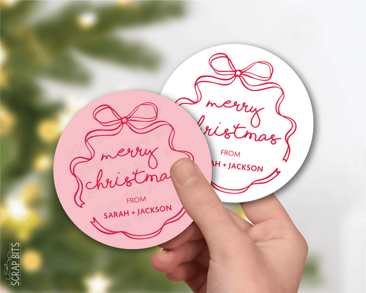 Coquette Wiggle Bow Merry Christmas, Pink & White, Personalized Christmas Gift Label Set - Scrap Bits