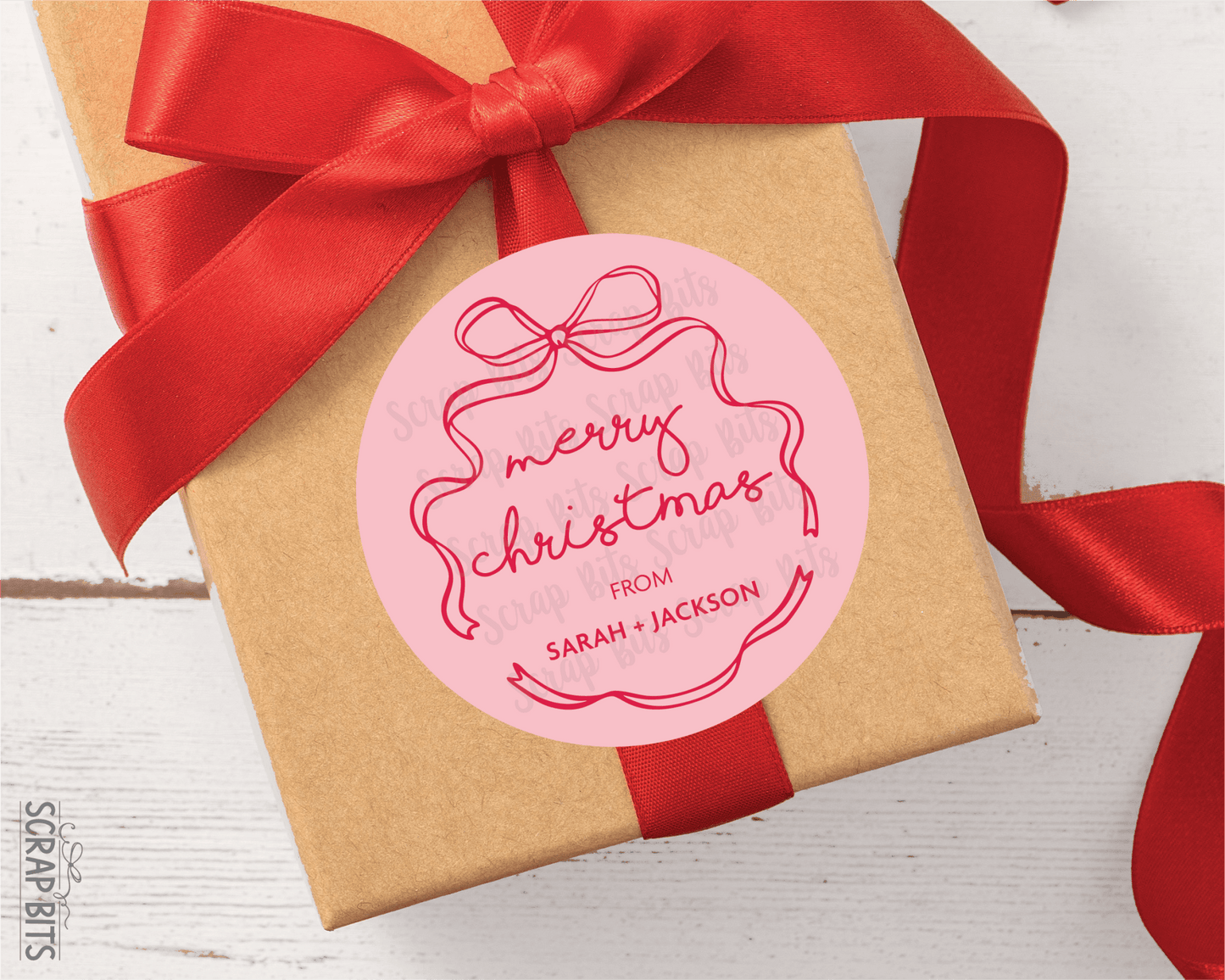 Coquette Wiggle Bow Merry Christmas, Pink & White, Personalized Christmas Gift Label Set - Scrap Bits