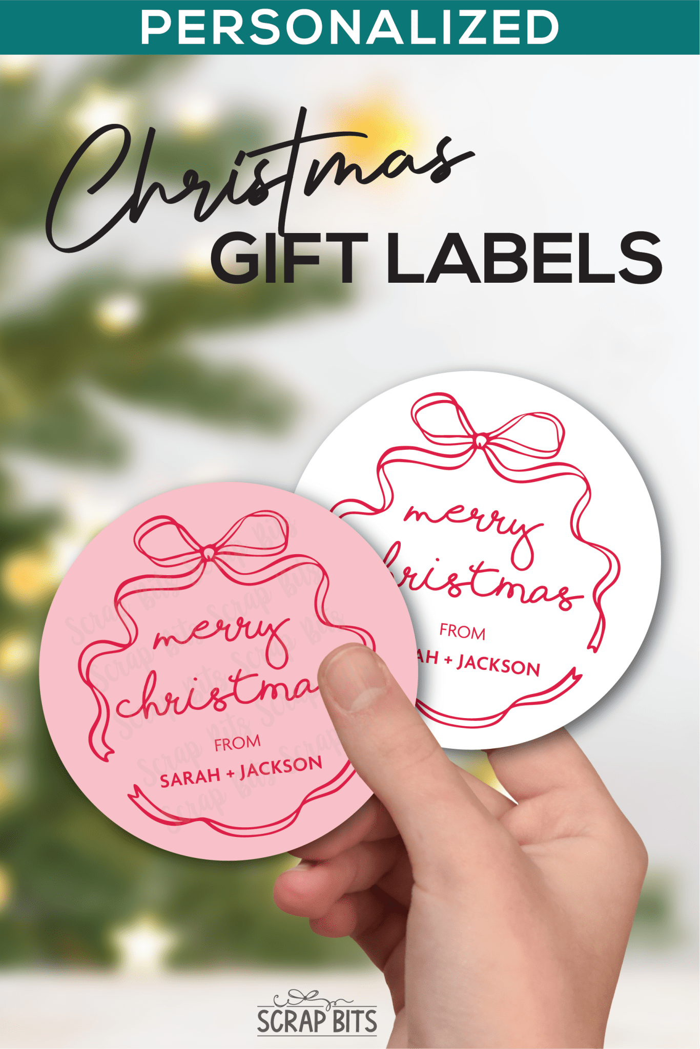 Coquette Wiggle Bow Merry Christmas, Pink & White, Personalized Christmas Gift Label Set - Scrap Bits