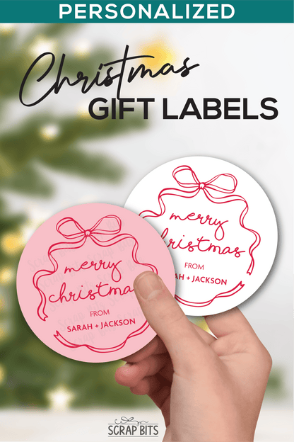 Coquette Wiggle Bow Merry Christmas, Pink & White, Personalized Christmas Gift Label Set - Scrap Bits