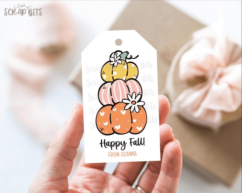 Cute Groovy Stacked Pumpkins, Personalized Fall Gift Tags - Scrap Bits