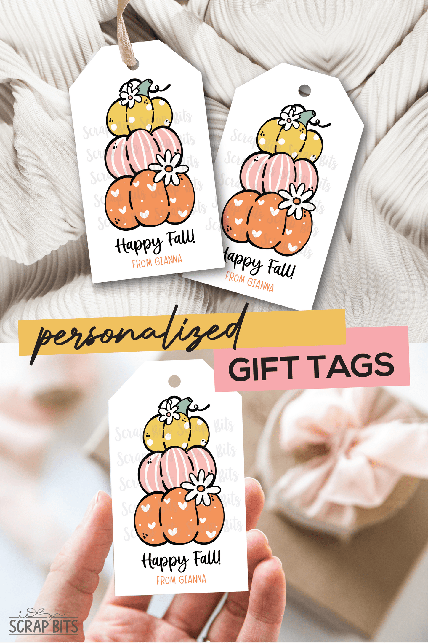 Cute Groovy Stacked Pumpkins, Personalized Fall Gift Tags - Scrap Bits
