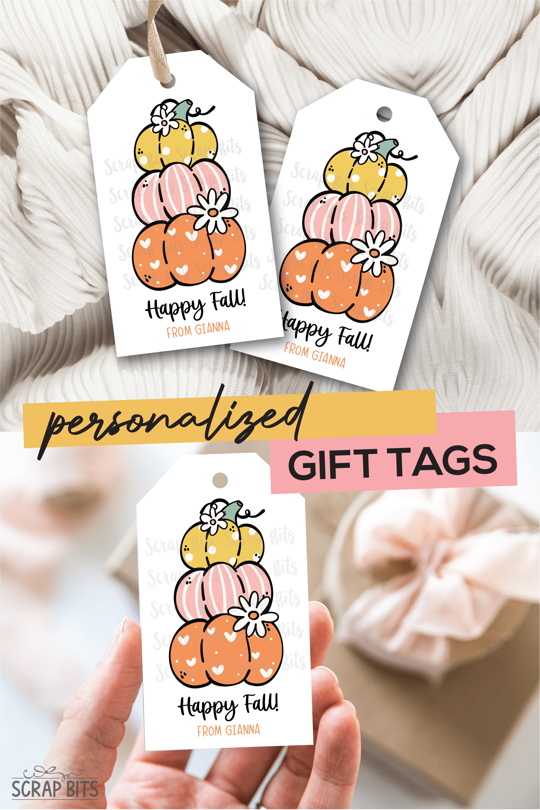 Cute Groovy Stacked Pumpkins, Personalized Fall Gift Tags - Scrap Bits