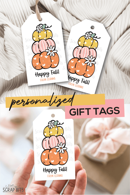 Cute Groovy Stacked Pumpkins, Personalized Fall Gift Tags - Scrap Bits