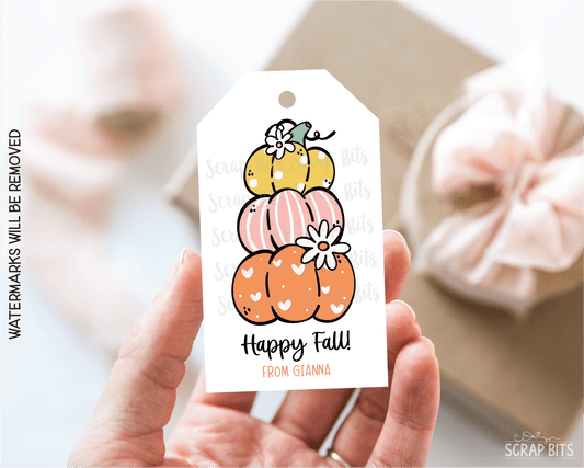 Cute Groovy Stacked Pumpkins, Personalized Fall Gift Tags - Scrap Bits