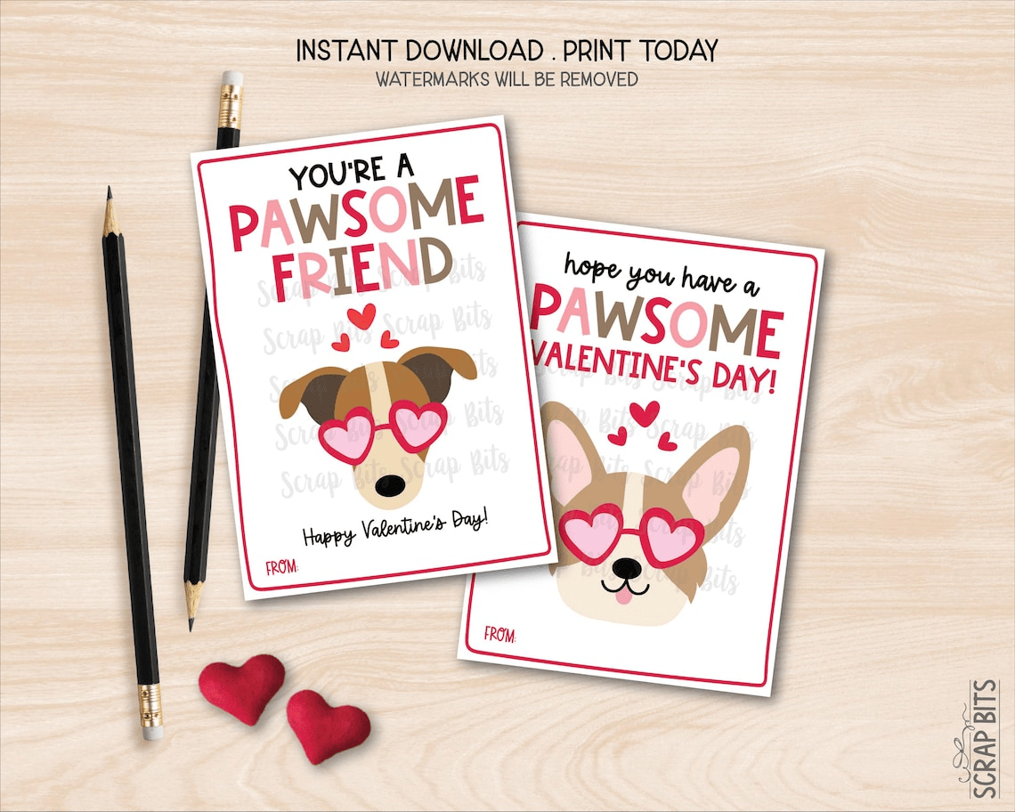 Dog Valentines, Pawsome Friend Puppy Dogs, Printable Classroom Exchange Cards, Instant Download - Scrap Bits
