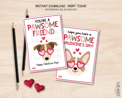 Dog Valentines, Pawsome Friend Puppy Dogs, Printable Classroom Exchange Cards, Instant Download - Scrap Bits