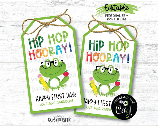 EDITABLE Back To School Tags, Hip Hop Hooray Frog Tags, Instant Download Editable Template - Scrap Bits