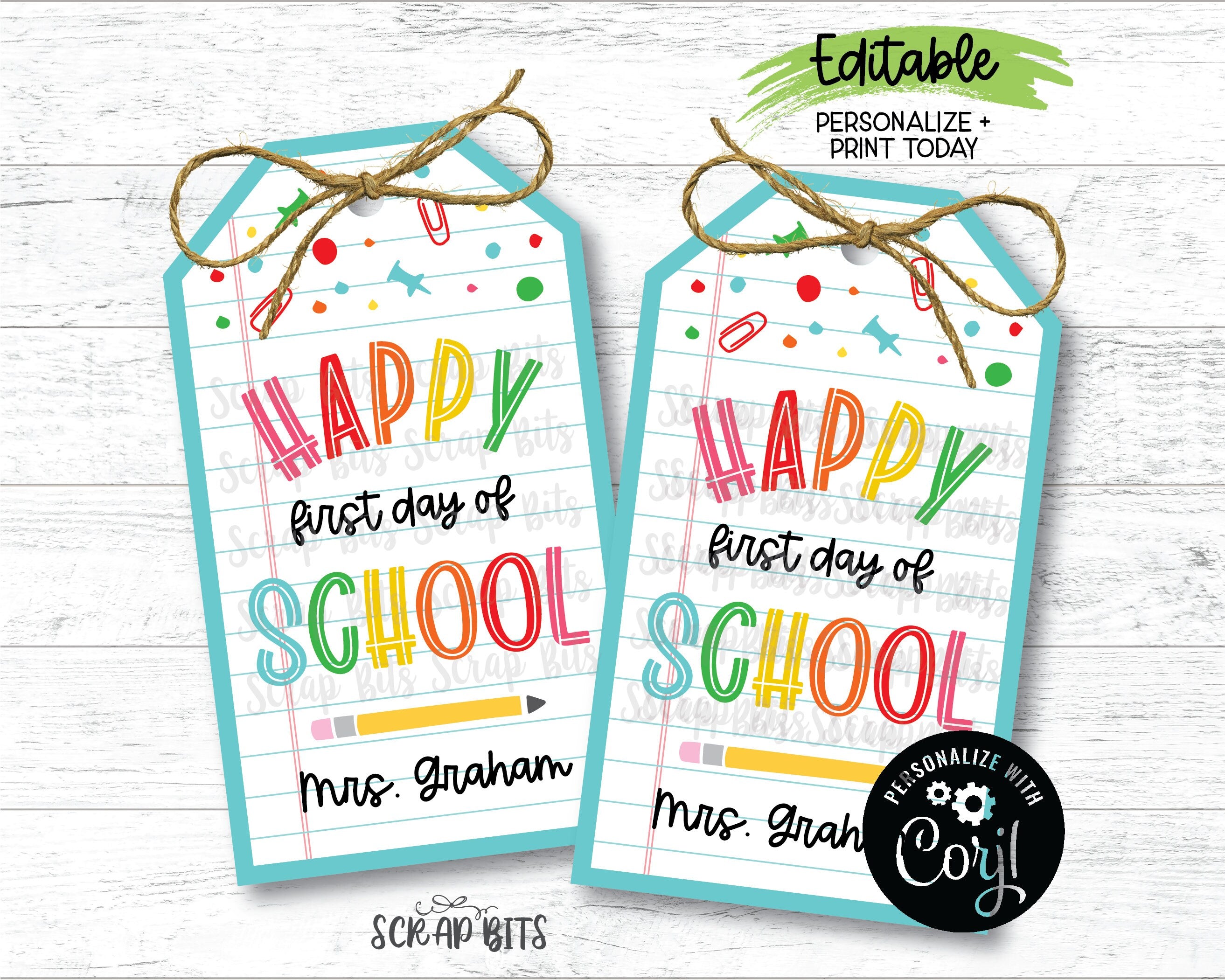 EDITABLE First Day Of School Tags, Rainbow on Paper, Instant Download ...