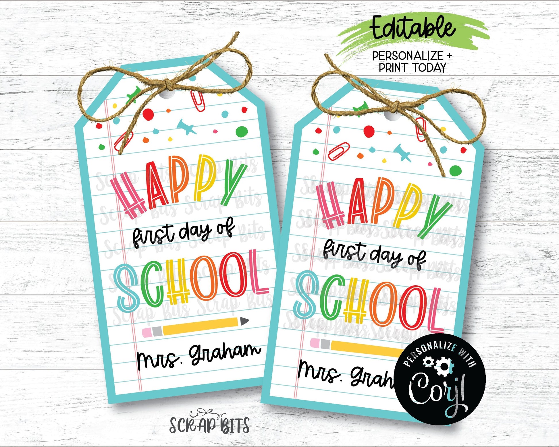 EDITABLE First Day Of School Tags, Rainbow on Paper, Instant Download Editable Template - Scrap Bits
