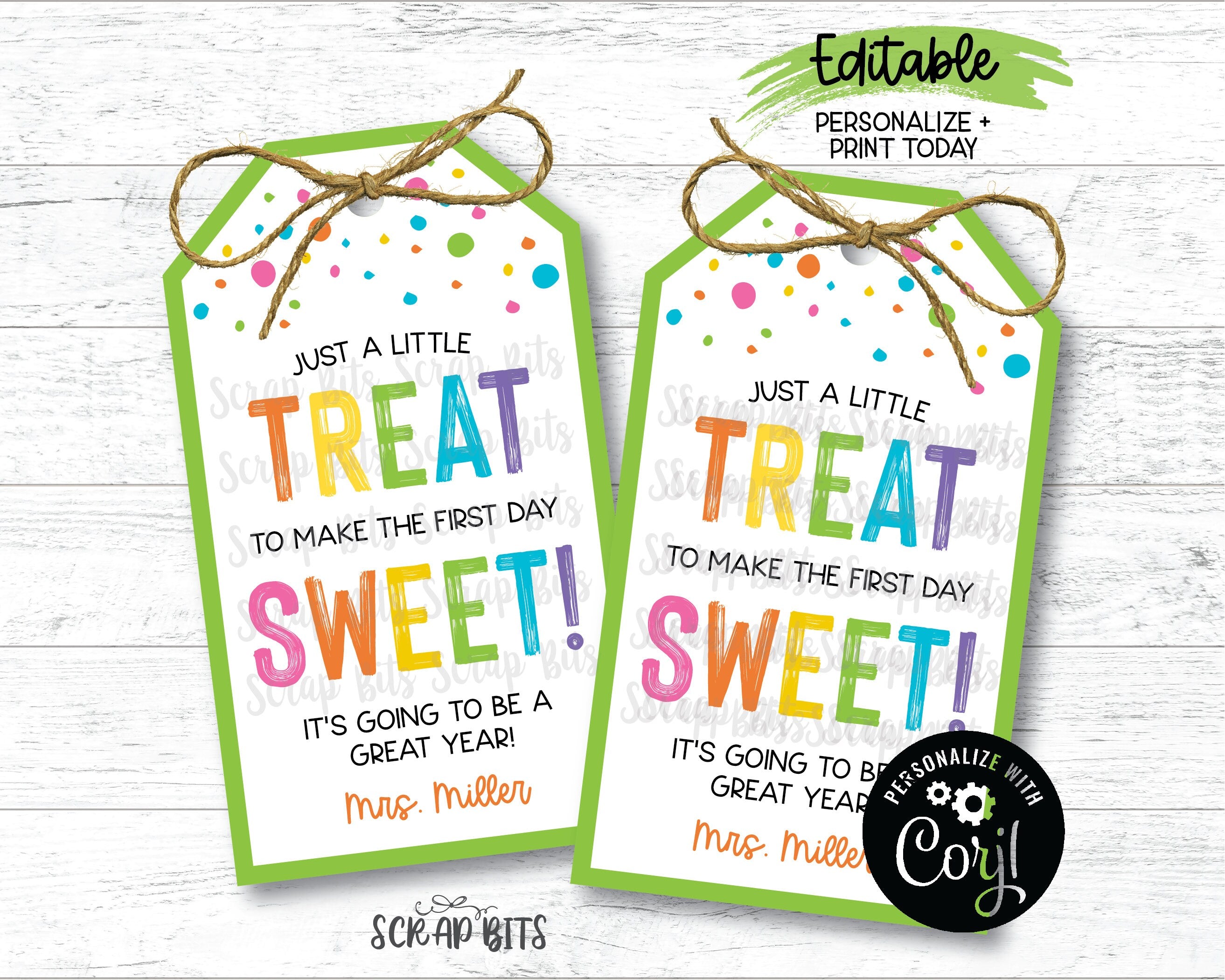 EDITABLE Sweet Treat First Day of School Tags, Instant Download Editab ...