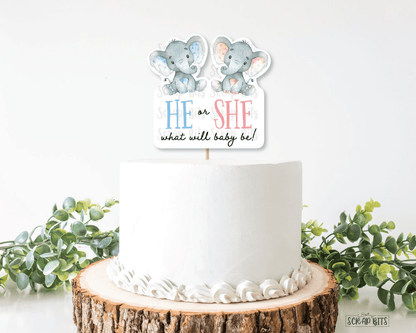 Elephant Gender Revveal Cake Topper, He or She Printable Party Decor . Instant Download (Copy) - Scrap Bits