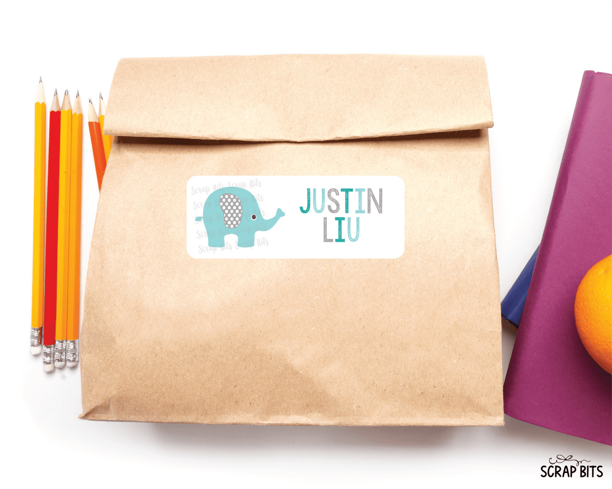 Elephant Name Labels, Aqua & Grey, Personalized Belonging Labels - Scrap Bits