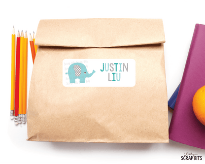 Elephant Name Labels, Aqua & Grey, Personalized Belonging Labels - Scrap Bits