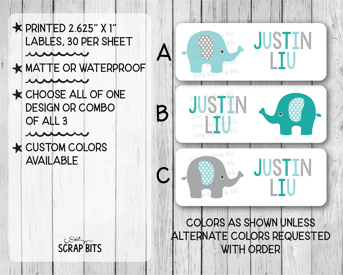 Elephant Name Labels, Aqua & Grey, Personalized Belonging Labels - Scrap Bits