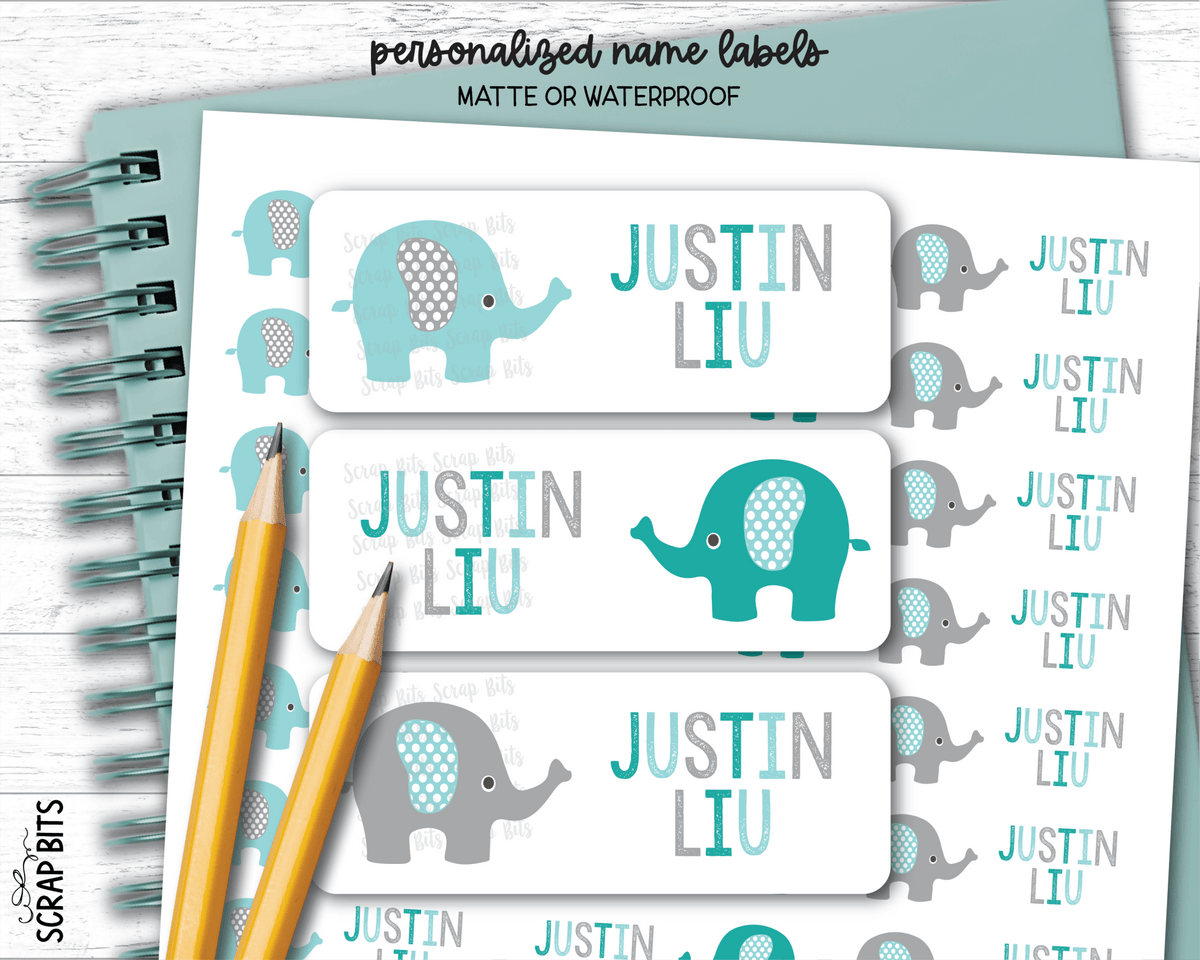 Elephant Name Labels, Aqua & Grey, Personalized Belonging Labels - Scrap Bits