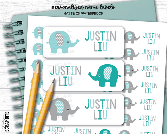 Elephant Name Labels, Aqua & Grey, Personalized Belonging Labels - Scrap Bits