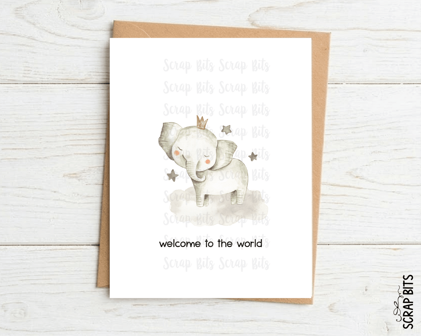 Elephant New Baby Card, Welcome to the World Watercolor Safari Baby Shower Card - Scrap Bits