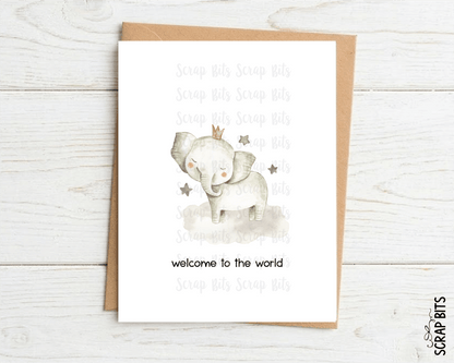 Elephant New Baby Card, Welcome to the World Watercolor Safari Baby Shower Card - Scrap Bits