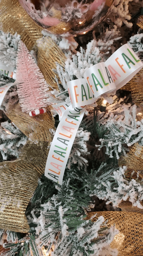 Fa La La Whimsical Satin Holiday Print Ribbon. 5 yards (15 feet) . 1" inch, 25mm - Scrap Bits