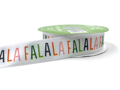 Fa La La Whimsical Satin Holiday Print Ribbon. 5 yards (15 feet) . 1" inch, 25mm - Scrap Bits