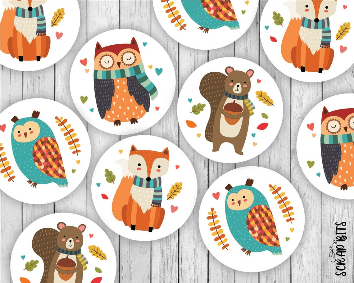 Fall Sticker Set, Autumn Woodland Animals, Owl, Squirrel, Fox - Scrap Bits