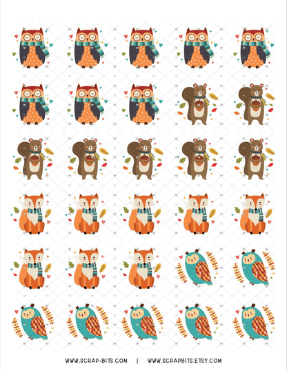 Fall Sticker Set, Autumn Woodland Animals, Owl, Squirrel, Fox - Scrap Bits