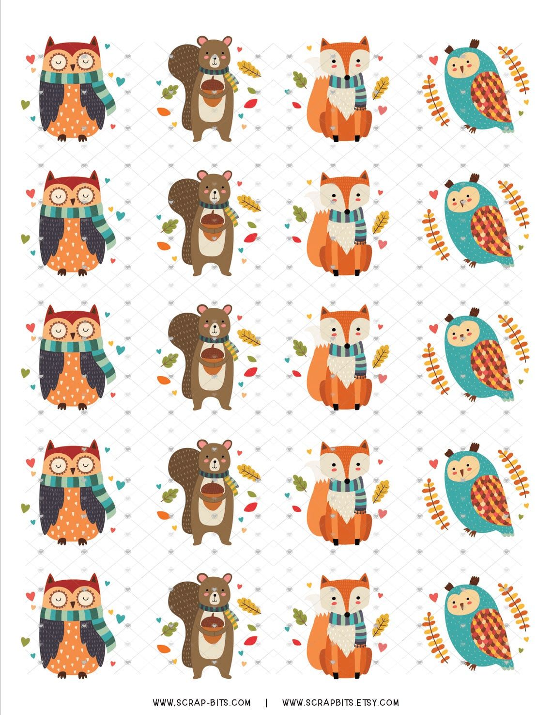 Fall Sticker Set, Autumn Woodland Animals, Owl, Squirrel, Fox - Scrap Bits