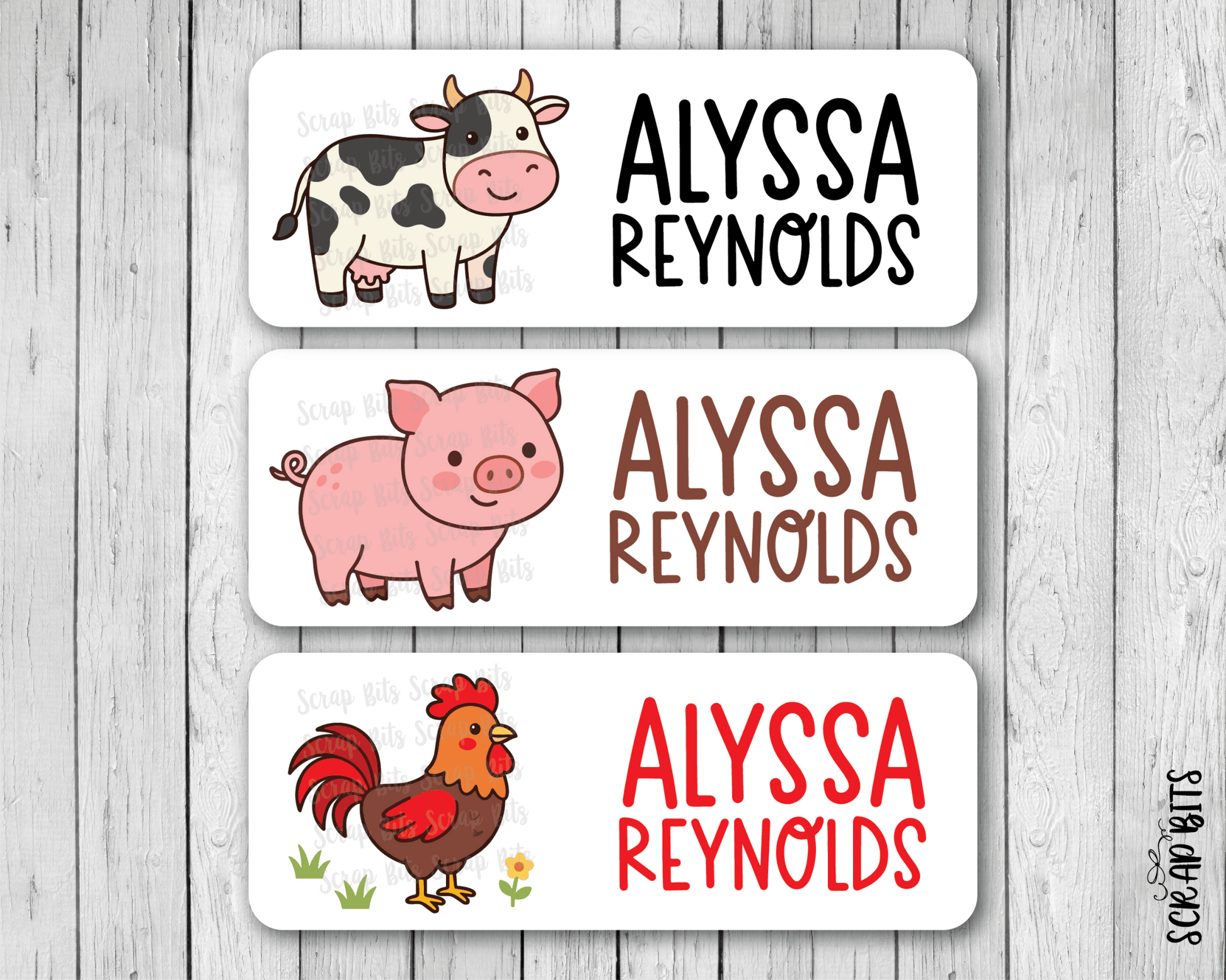 Farm Animals Name Labels . Cow Pig Rooster Personalized Belonging Labels - Scrap Bits