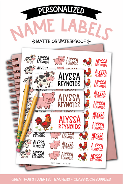 Farm Animals Name Labels . Cow Pig Rooster Personalized Belonging Labels - Scrap Bits